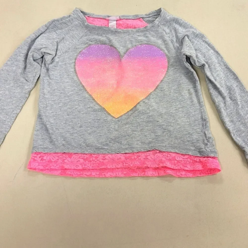 Justice Girls size 8 Long Sleeve Pink Lace Glitter Heart Tee Top